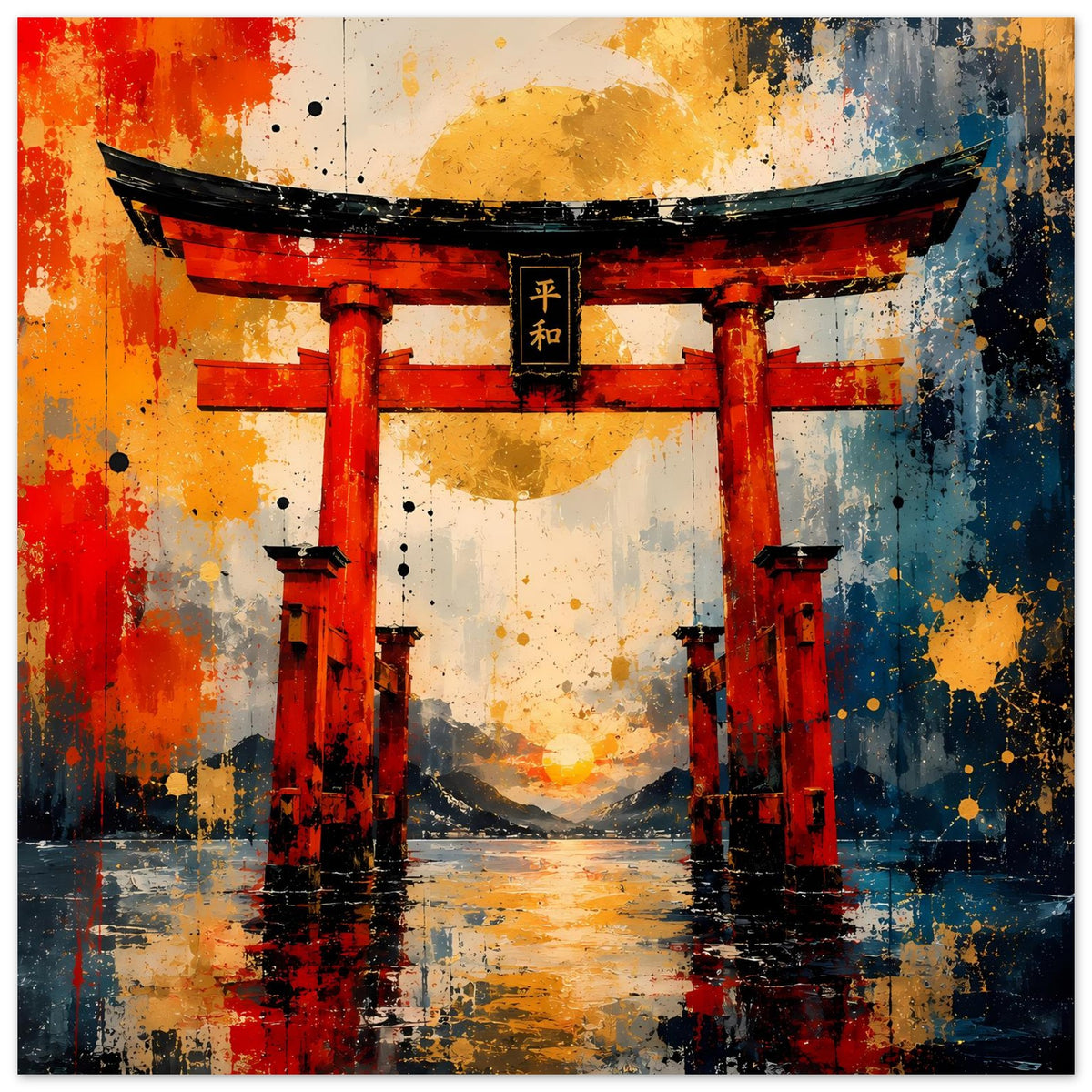 Torii-Tor Poster im Querformat: rote Pfosten vor weißem Mauerfeld, schwarz-braune Akzente