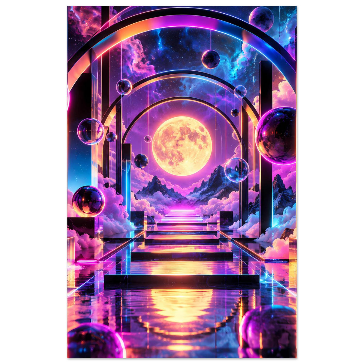 Vertikales Poster mit Planeten-Portal, leuchtendem Mond, Treppe und Wolkenlandschaft