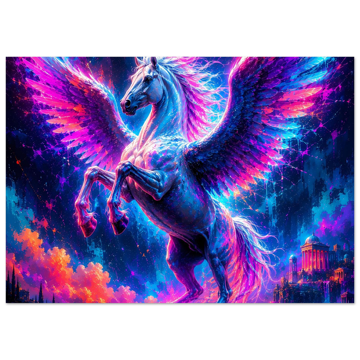 Leuchtendes Pegasus-Poster im Querformat: blauer Pegasus mit leuchtenden Flügeln
