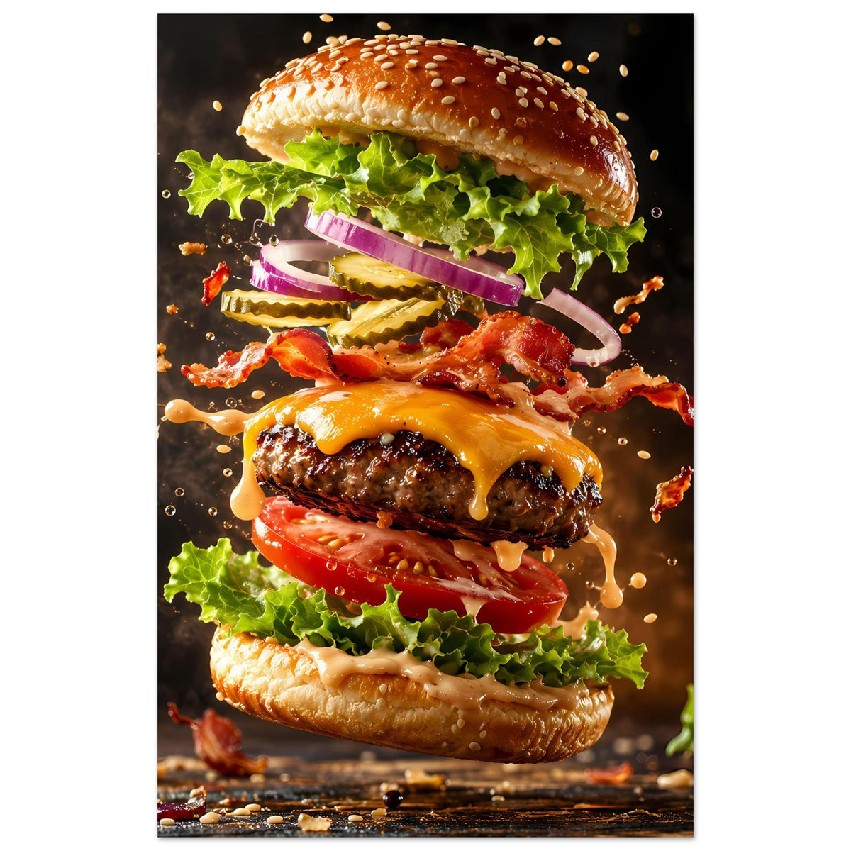 Poster mit Burger-Illustration, zentral: Brötchen, Käse, Salat und Fleisch mit Spritzern.