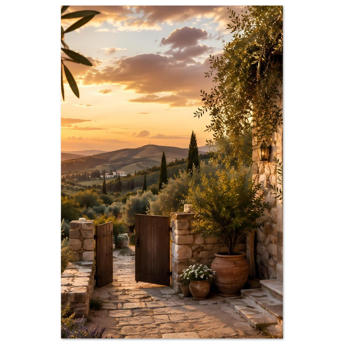 Poster mit toskanischer Landschaft bei Sonnenuntergang, dekorative Steinsäulen und Tor