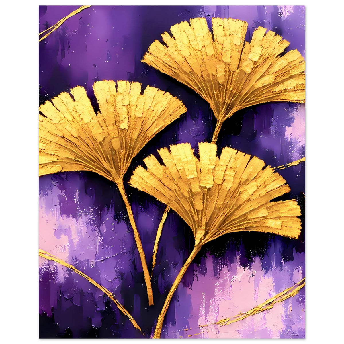 Vertikales Poster mit goldenen Ginkgo-Blättern auf violettem Hintergrund, teilweise nah