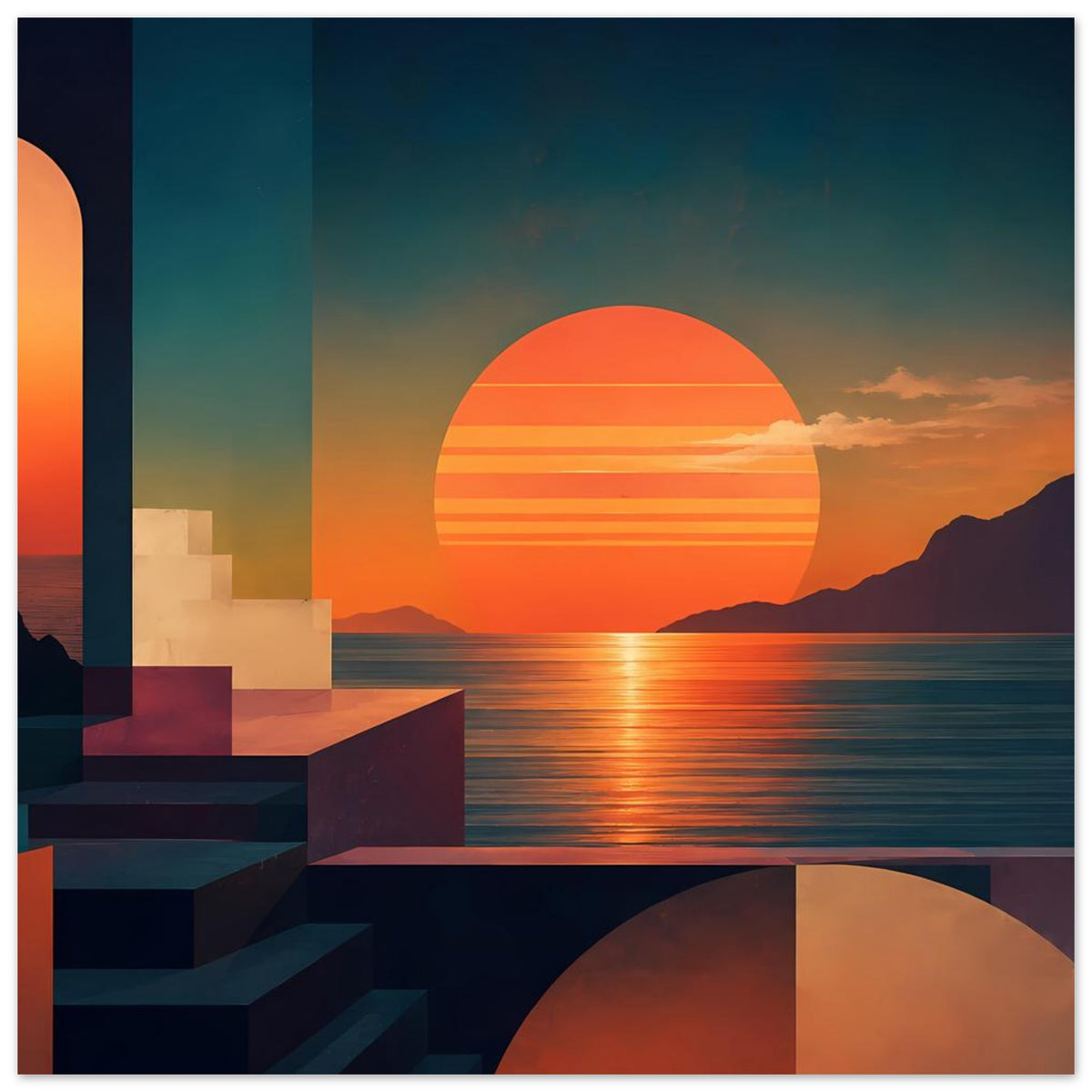 Landschafts-Poster im Sonnenuntergang: orangefarbene Sonne im Kreis, Meer, geometrische Blöcke
