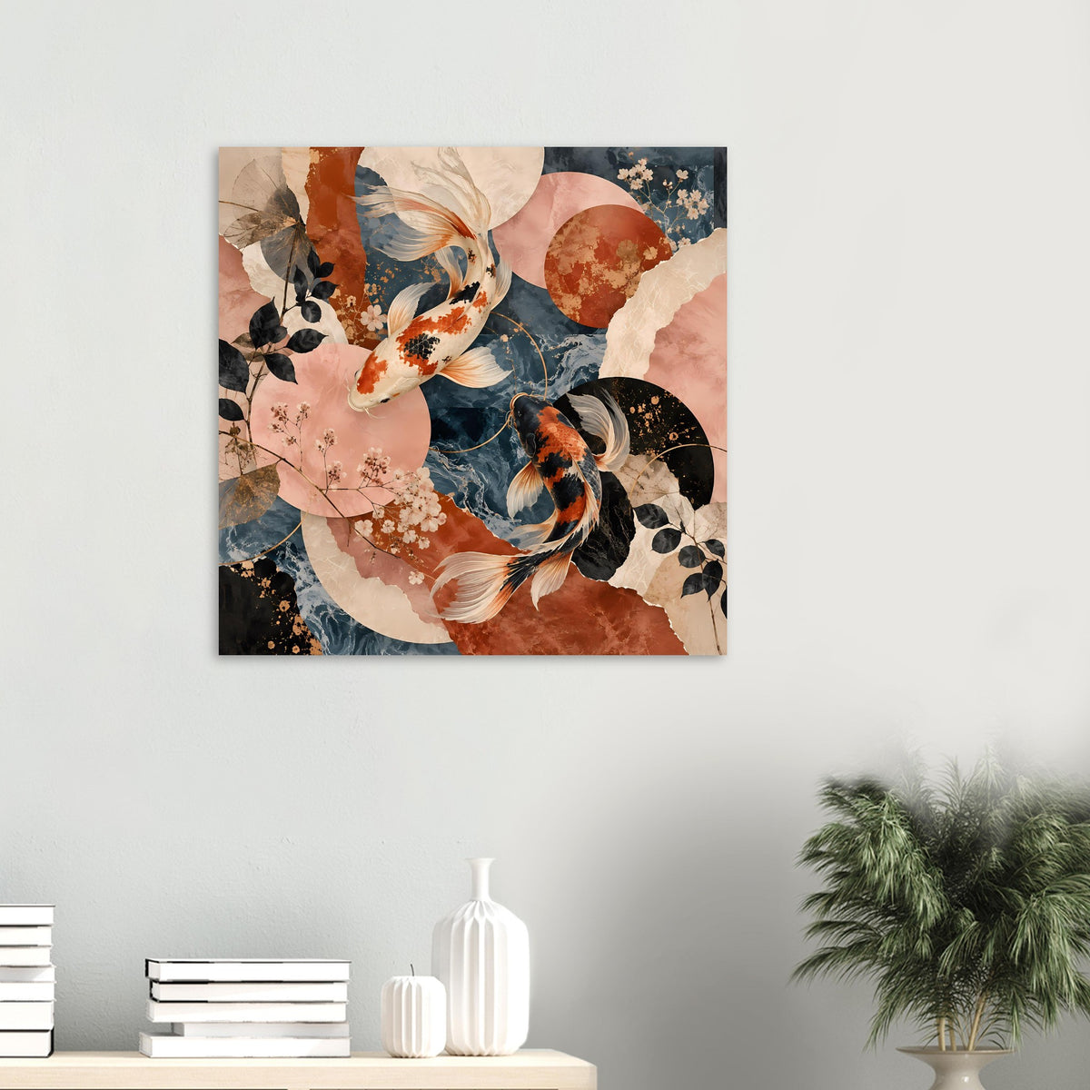 Wandposter mit Koi-Fischen im warmen Terrakotta- und Dunkelblau-Design, quadratisch