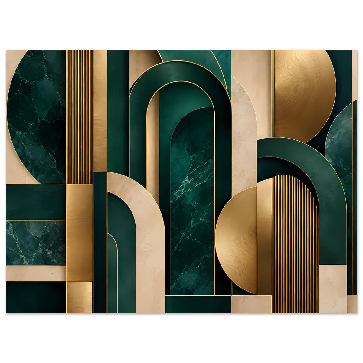Art-Deco-Poster mit großen Kreissegmenten, goldenen Balken und dunkelgrünen geometrischen Blöcken
