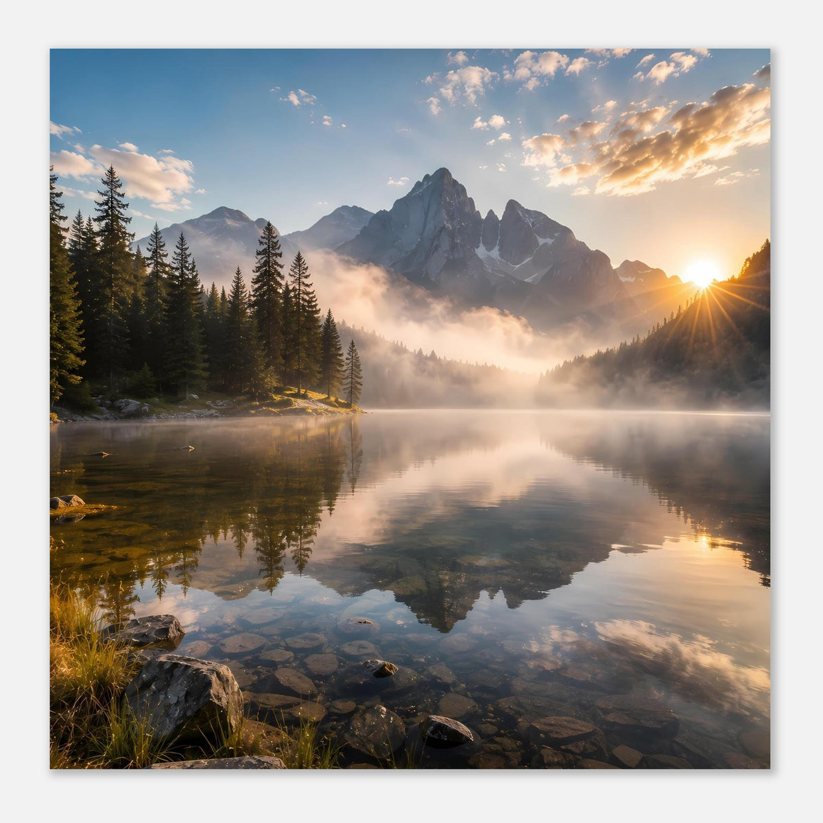 Poster mit Bergsee, Nebel und Nadelwäldern bei Sonnenaufgang