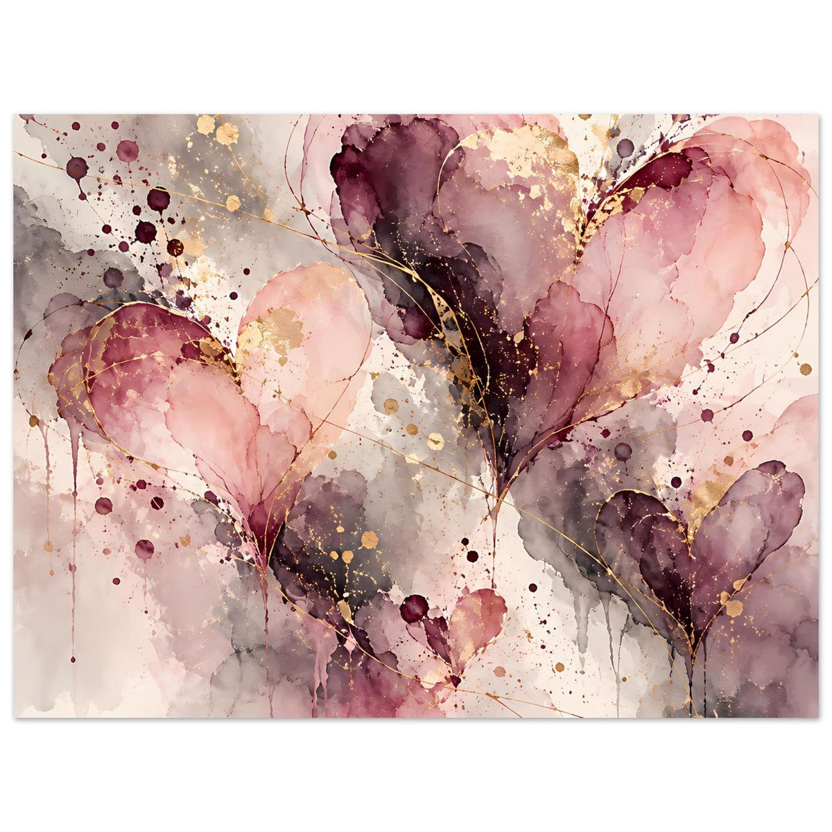Abstrakter Poster mit Herzmotiven in Rosa, Violett und Goldakzenten