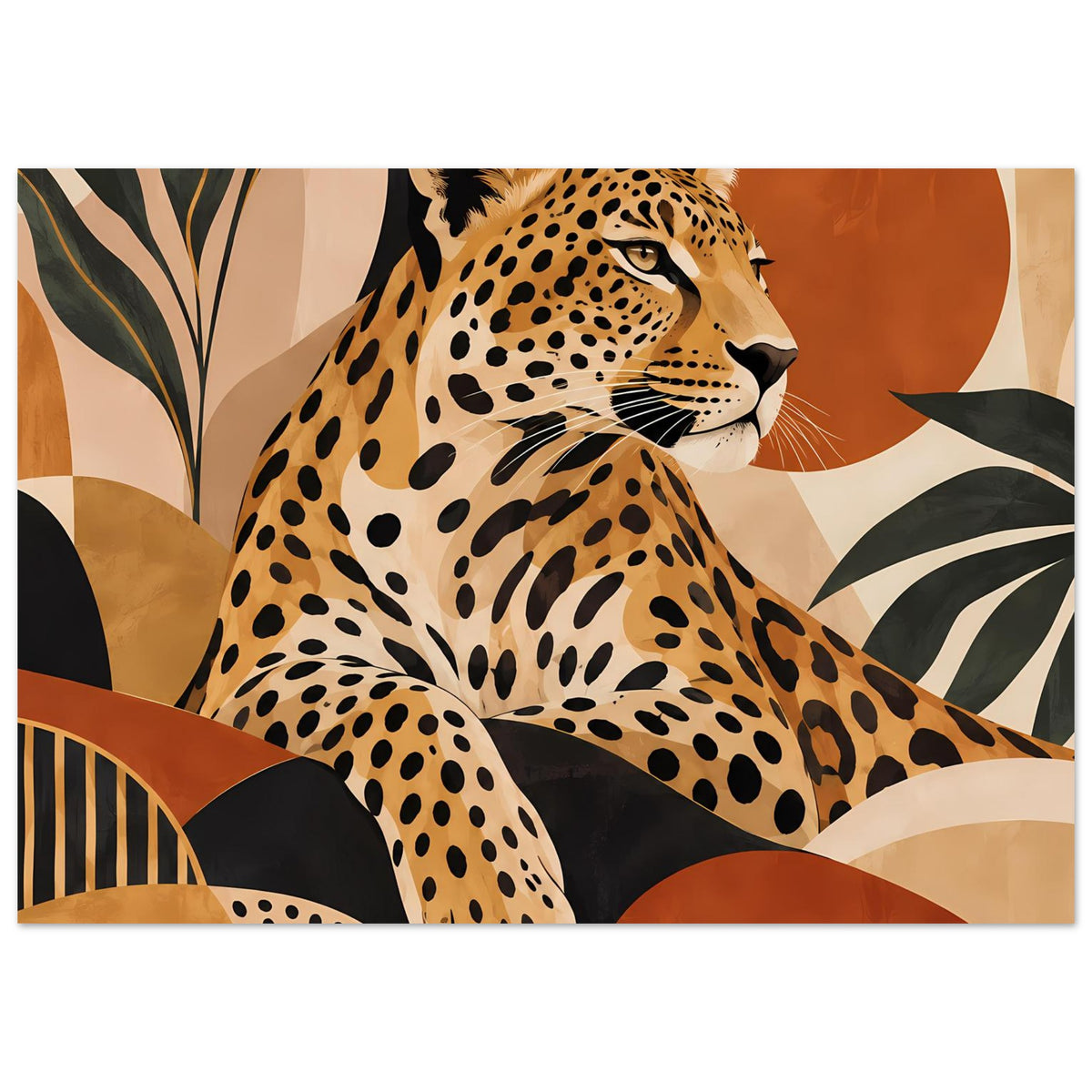 Leopard-Tierposter: Nahansicht von Kopf und Vorderpfote, braun-beige mit schwarzen Flecken