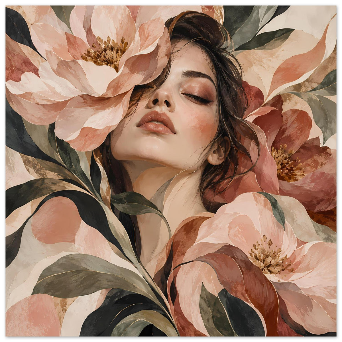 Blumenposter mit Porträt einer Frau, Blick geschlossen zwischen Blüten und Blättern, warm
