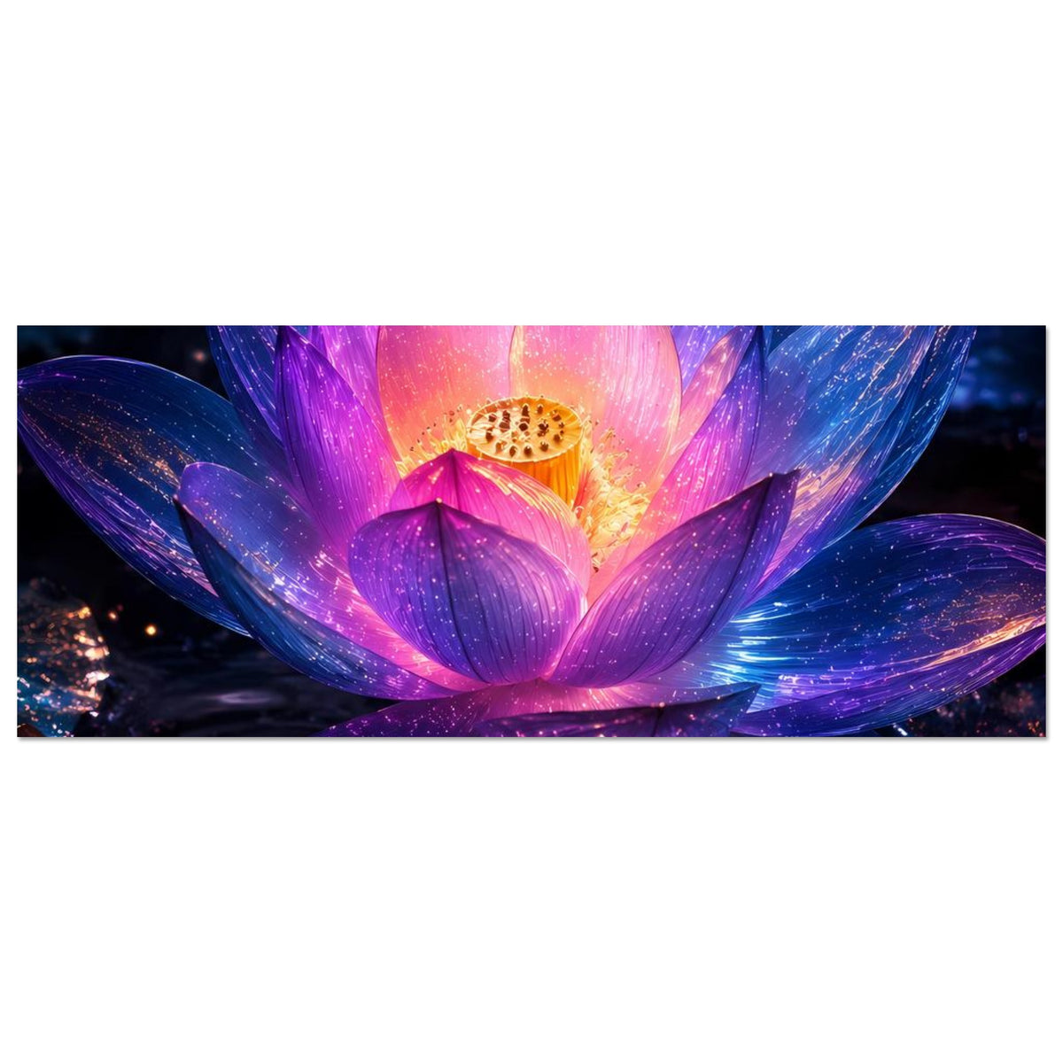 Panorama-Poster mit leuchtender Lotusblume: violette und blaue Blütenblätter, warmes Zentrum