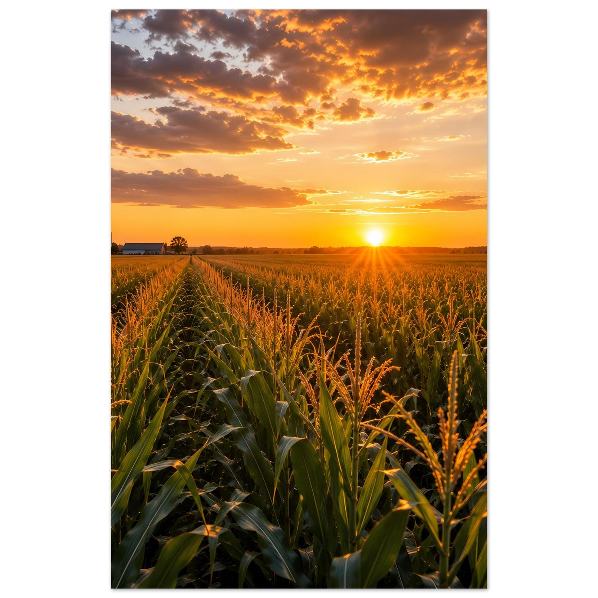 Hochkant-Poster mit Sonnenuntergang über Maisfeld, goldene Sonne und Wolkenhimmel
