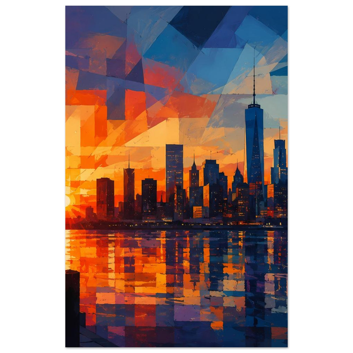 Vertikales Poster: abstrakte City-Silhouette, orange Sonne, blaue Reflexion im Vordergrund