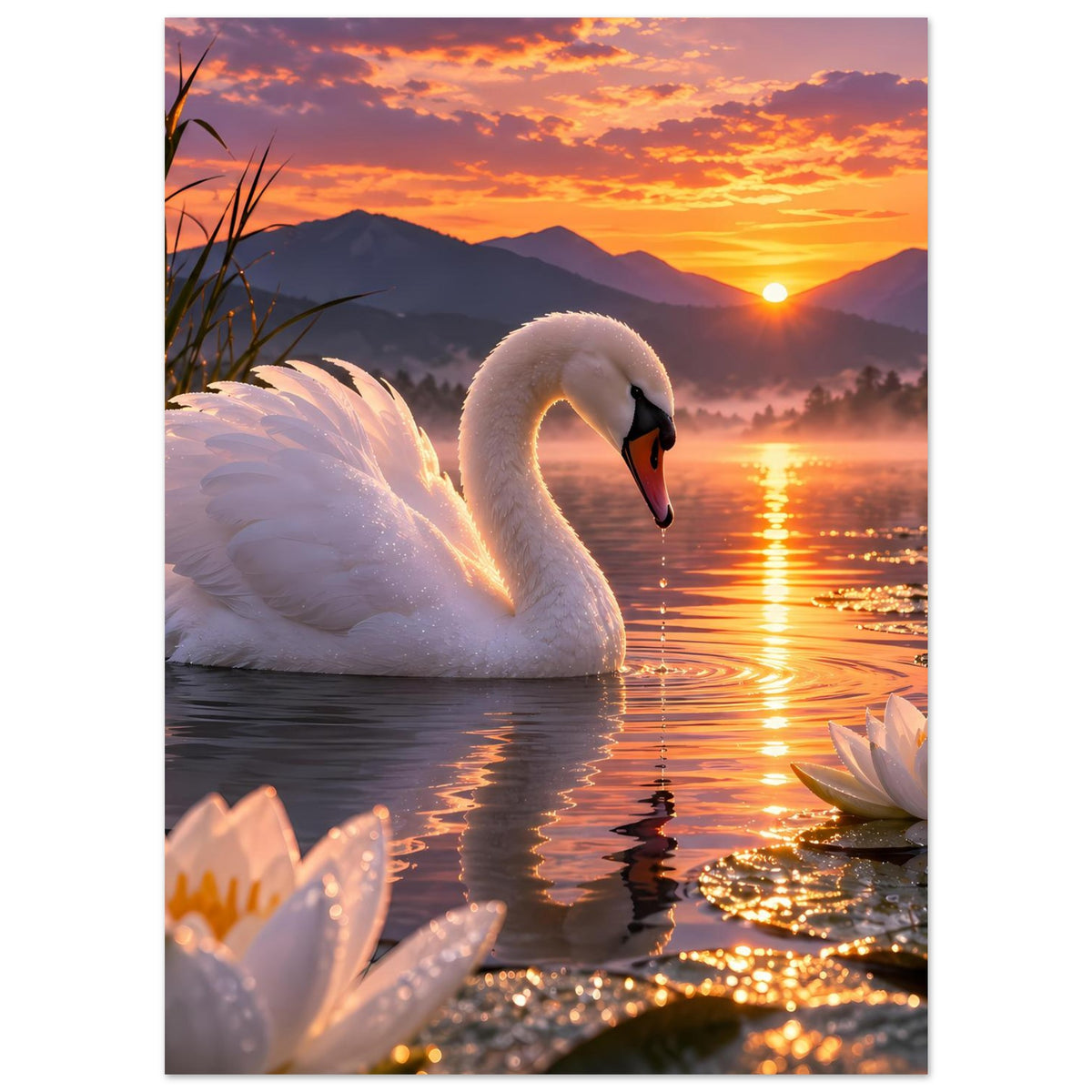 Poster mit weißem Schwan im Wasser, Seerosen entlang des Ufers bei Sonnenuntergang