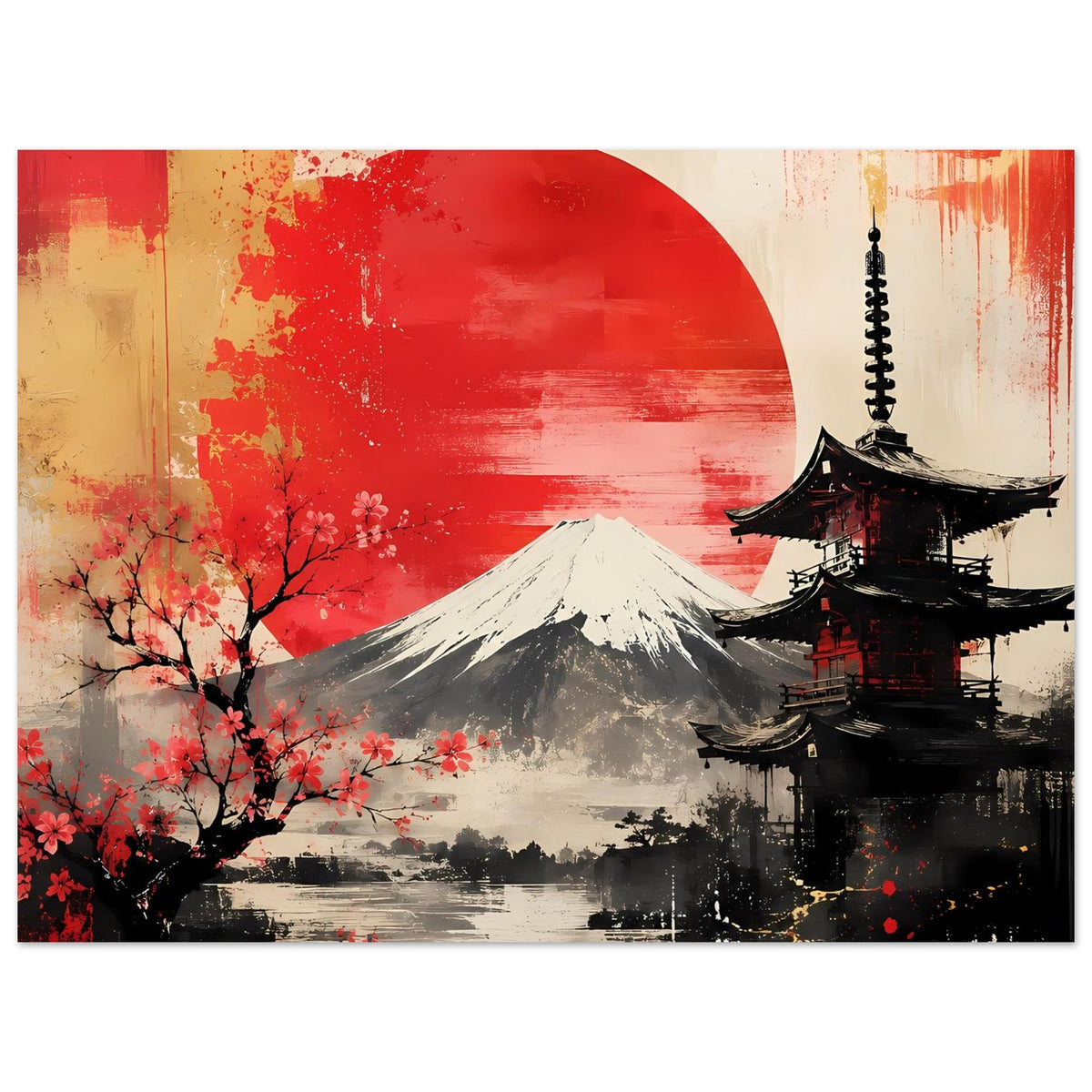 Poster mit Mount Fuji, roter Sonne, Pagode rechts und Kirschblüten, Schwarz-Rot-Optik