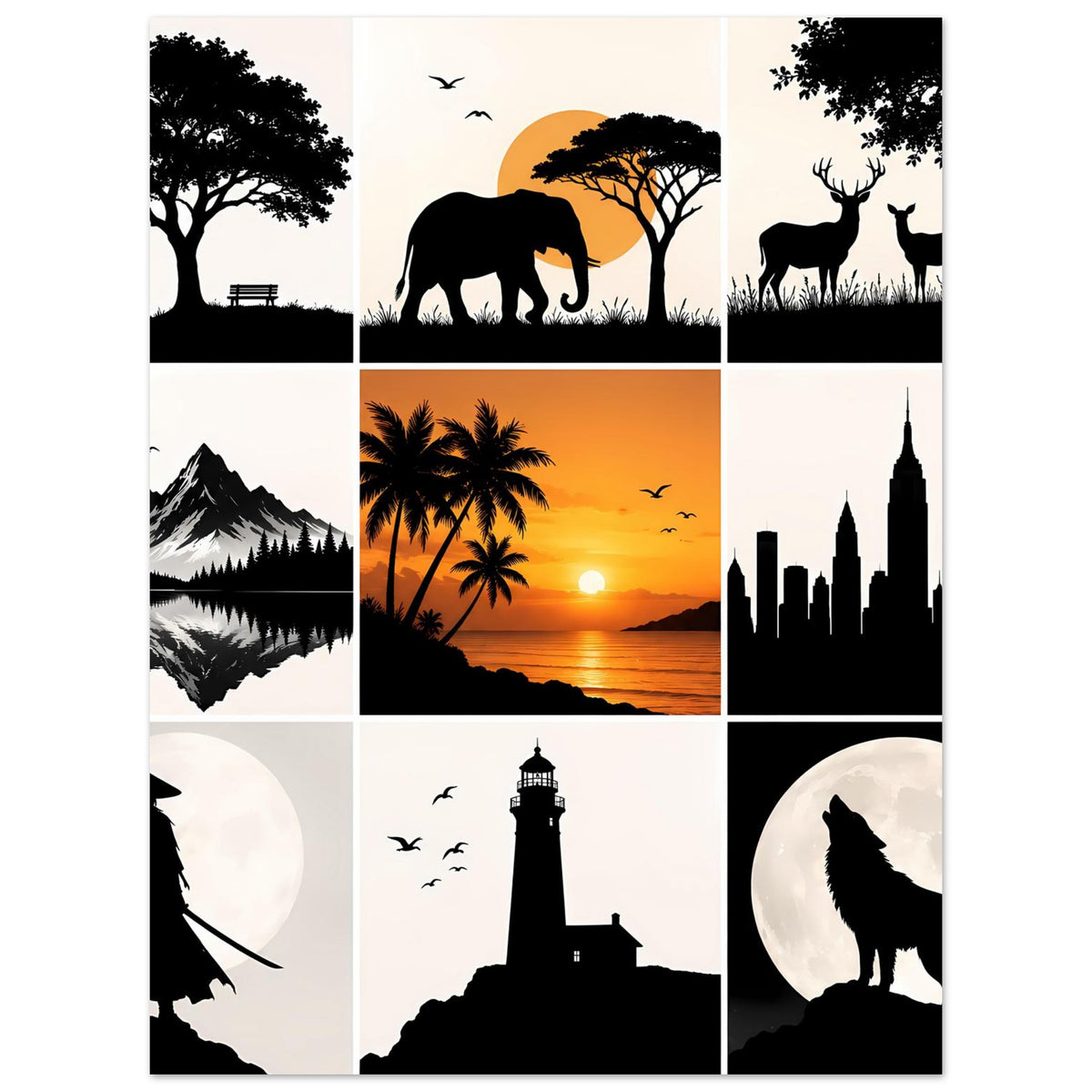 Kunstposter mit Silhouetten-Collage: Elefant und Raubtier, Rehe, Berge, Palmen, Leuchtturm, Skyline, Vollmond