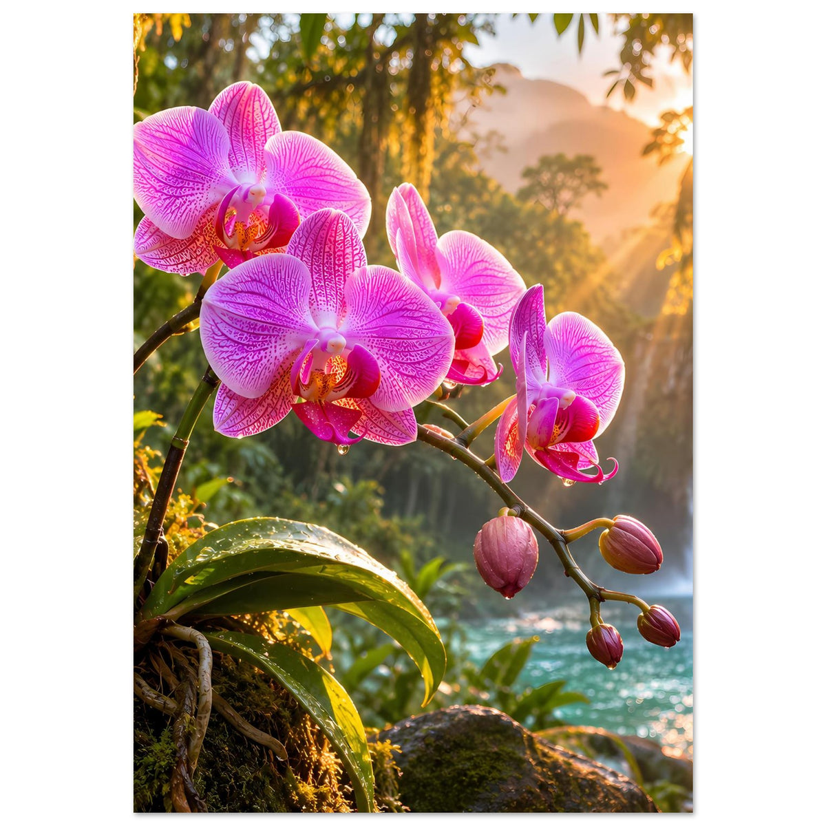 Poster im Hochformat: pinke Orchideenblüten an gebogenem Ast vor tropischer Landschaft