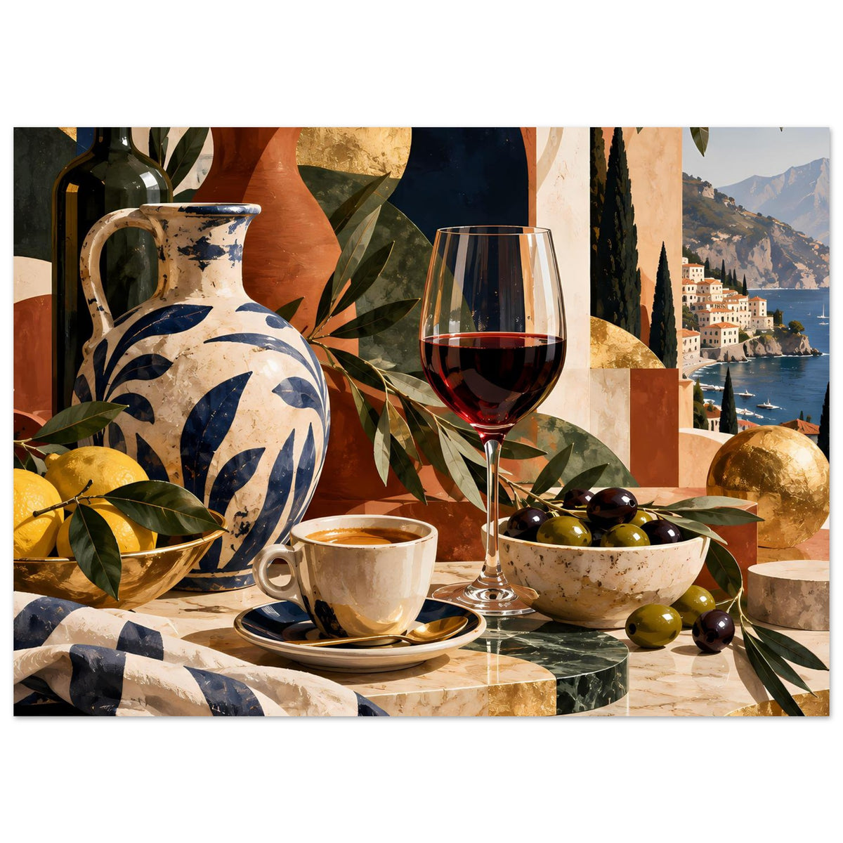 Breites Poster mit Stillleben auf Steinsockel: Weinglas, Tasse, Olivenschale und Vase