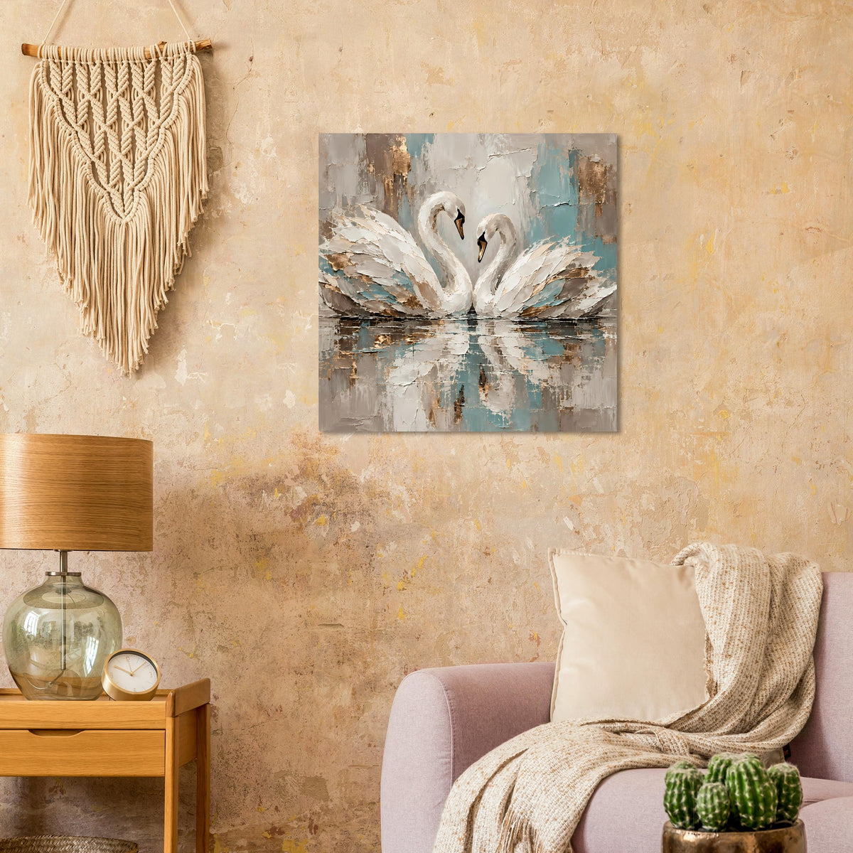 Kunstposter: zwei Schwäne mit goldenen Farbstreifen, blauer Fläche und reflektierendem See