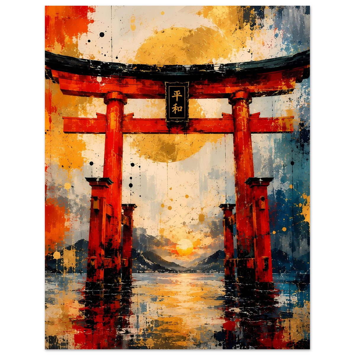 Poster mit Torii-Tor, rot-orangefarbenen Pfeilern und goldener Lichtzone im Bildzentrum