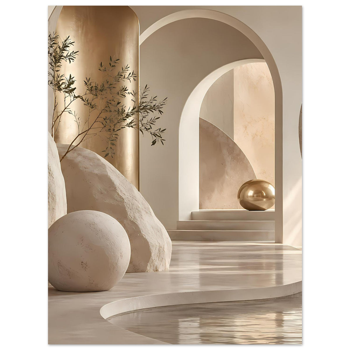 Architekturposter mit Rundbogen, Steinform, Kugel und Zweigen in warmem Sand-Ton