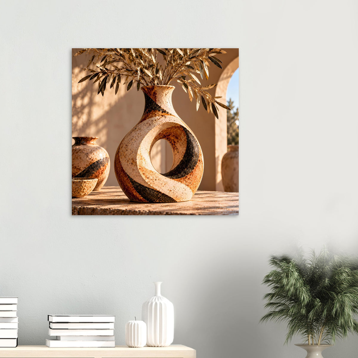 Wandposter mit Keramikvase in warmen Erdtönen, ovaler Aussparung und geschwungener Silhouette