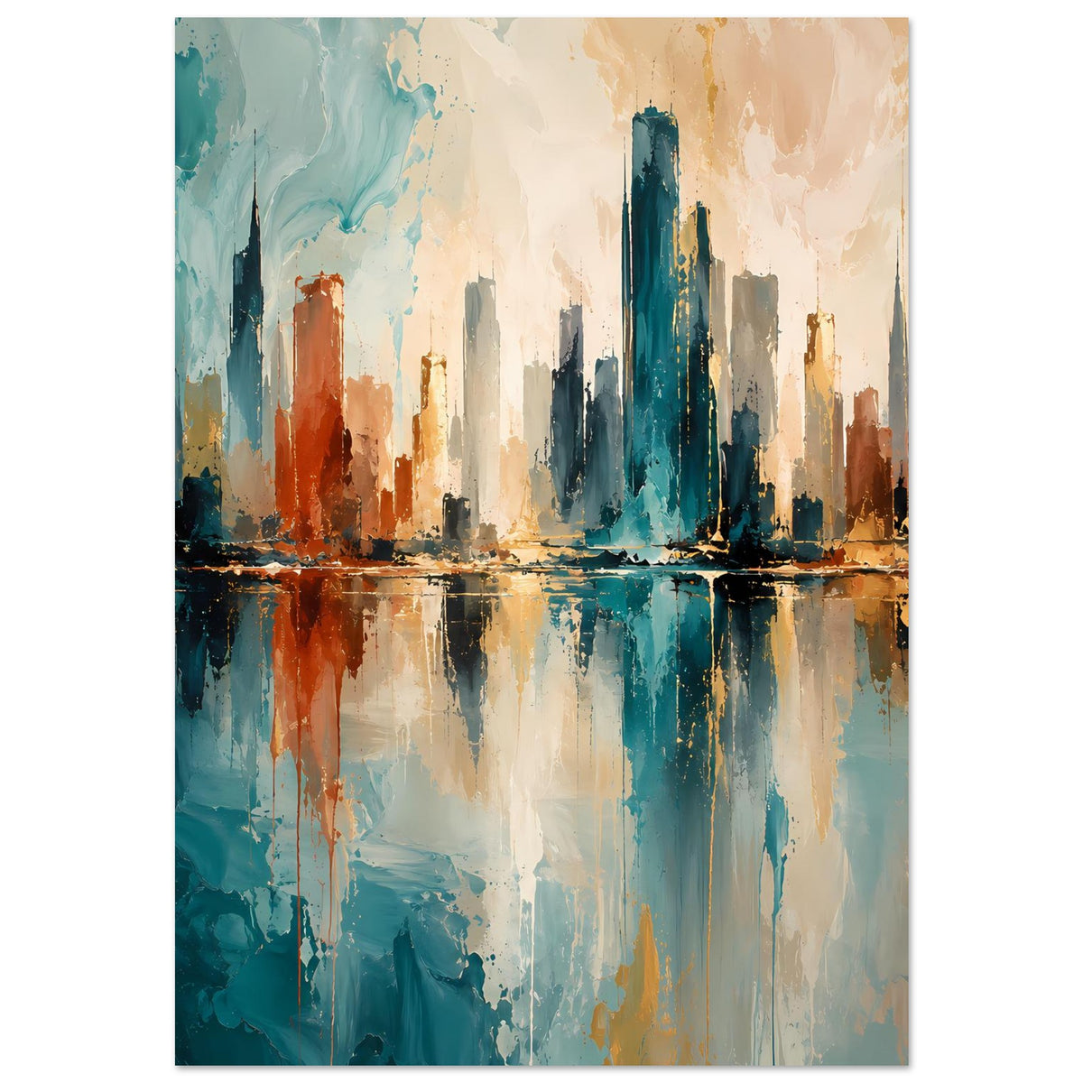 Stadt-Skyline-Poster mit Wasserreflexion, Blau, Gold und rostbraunen Akzenten