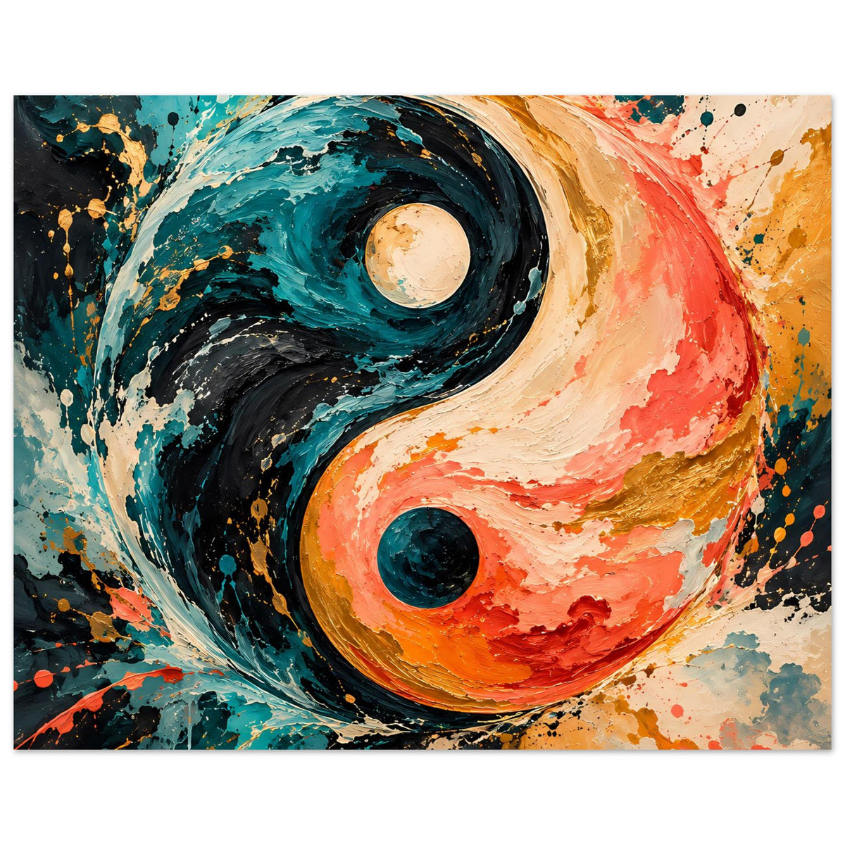 Abstraktes Yin-Yang-Poster mit dunklem Wirbel links und hellem Wirbel rechts, Farbspritzer