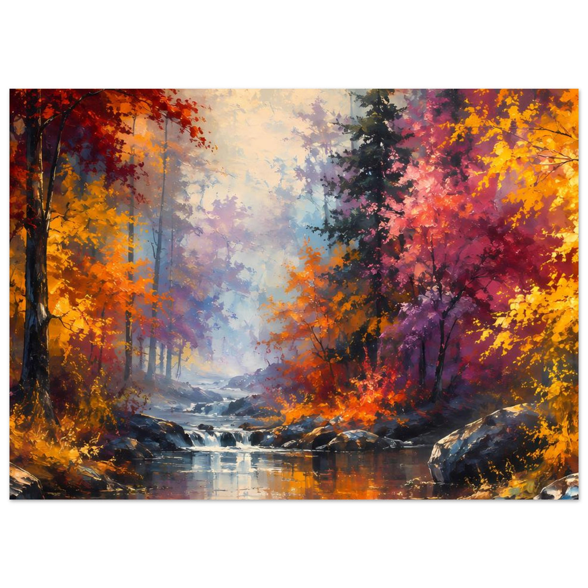 Querformatiges Poster mit Herbstwald, Flusslauf und Wasserfall, kräftige orange-violette Farbtöne