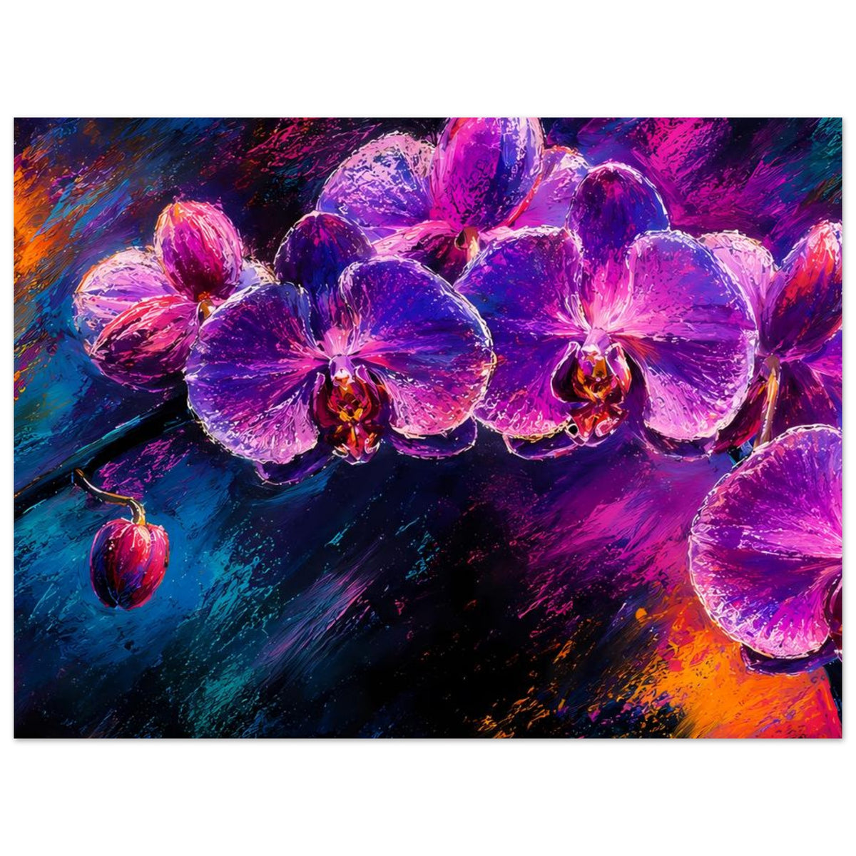 Horizontales Blumenposter mit violetten Orchideen und blau-pinkem Farbschlierenhintergrund