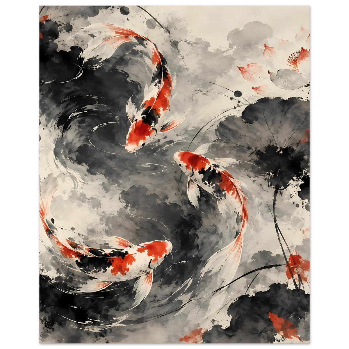 Poster mit zwei Koi-Fischen in Schwarz-Grau und Orange, Tuschelinien und Sprenkel
