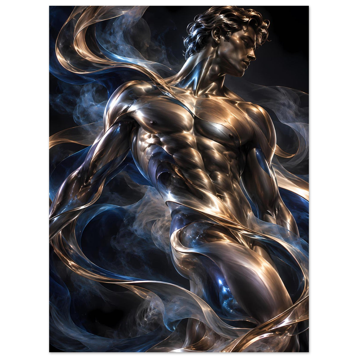 Kunstposter mit bronzefarbener, silbern glänzender männlicher Skulpturfigur und blauen Rauchwirbeln