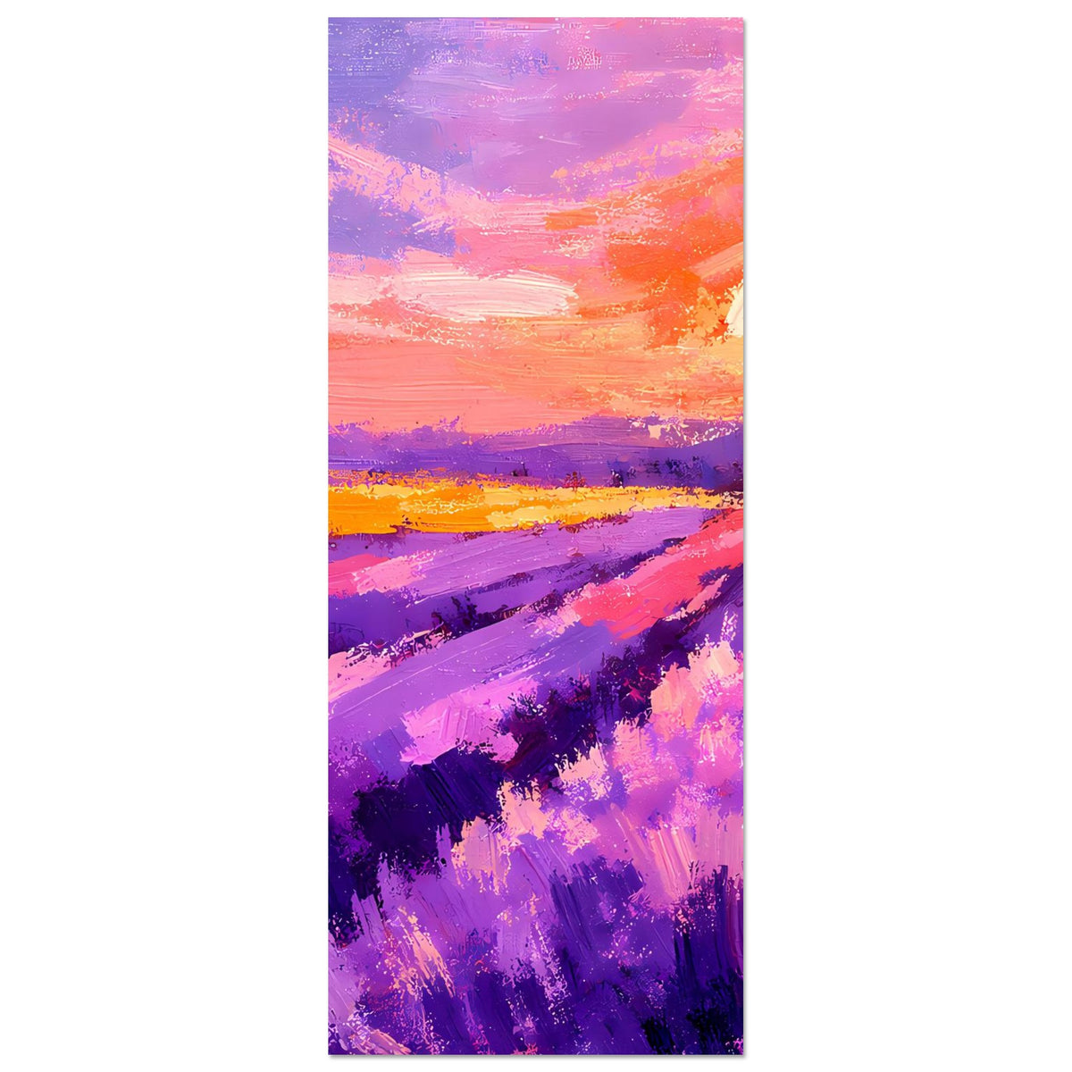 Poster im Hochformat: violettes Lavendelfeld, orange-rosa Himmel und große Sonnenscheibe