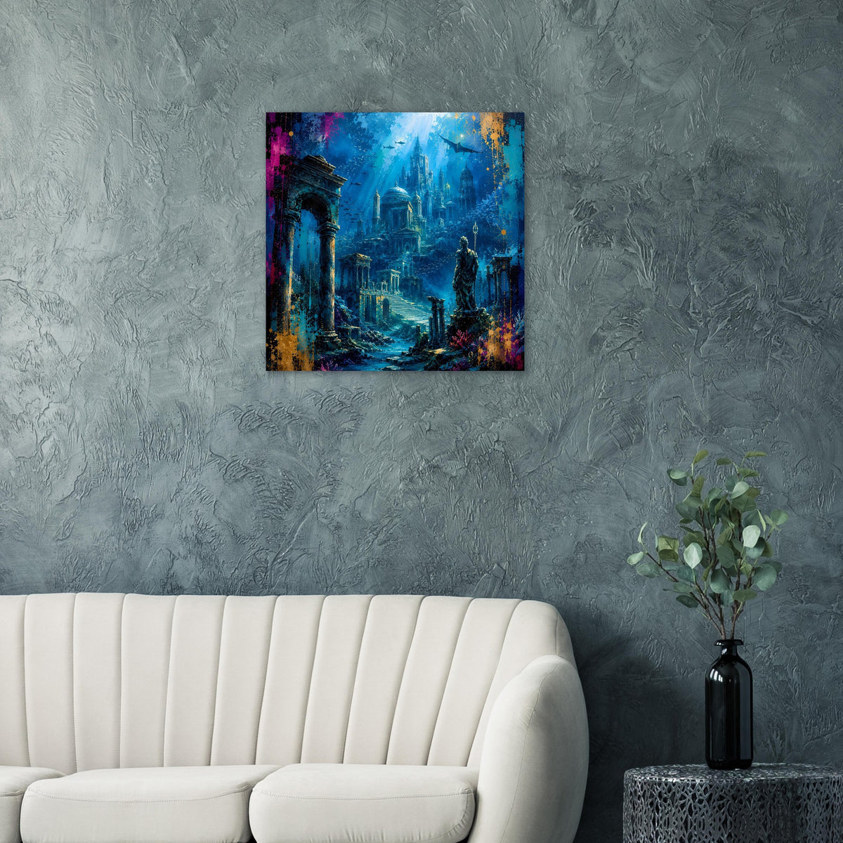 Quadratisches Poster: Unterwasserstadt Atlantis im tiefblauen Ozean mit Ruinen