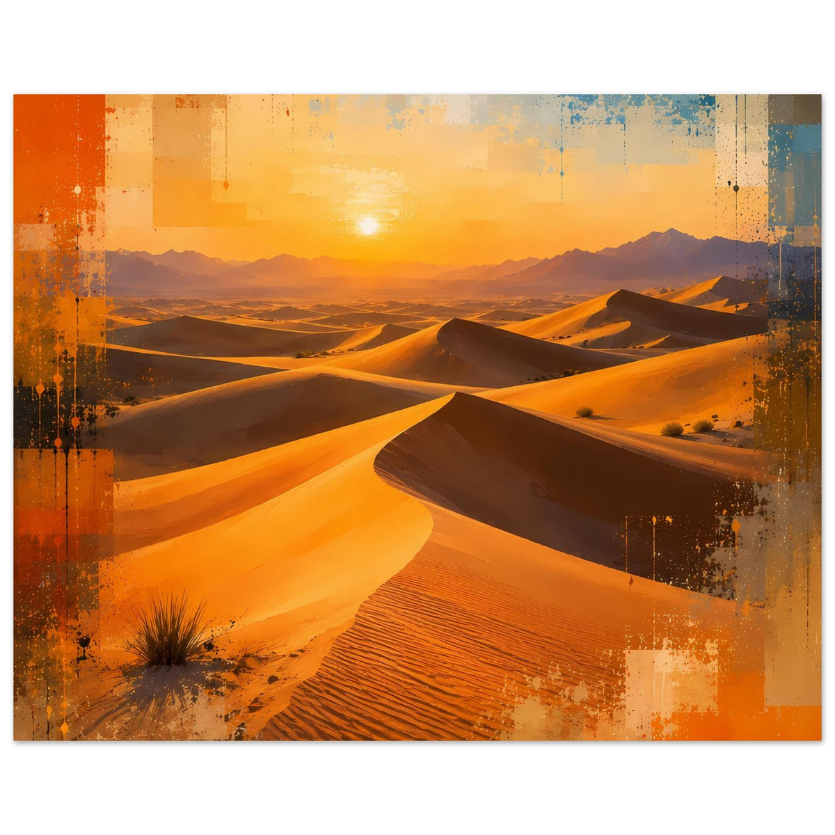 Wüstenlandschafts-Poster im Querformat mit orangegelben Dünen, Sonnenaufgang und bewölktem Himmel