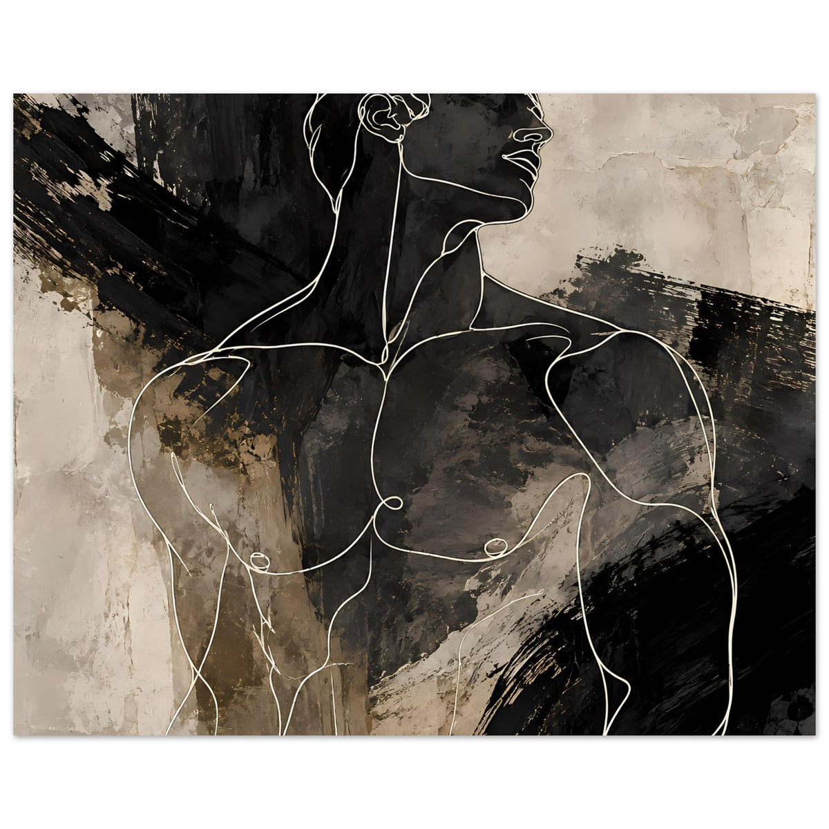 Poster im Querformat mit Linien-Silhouette eines Mannes, schwarz-graue Pinseloptik