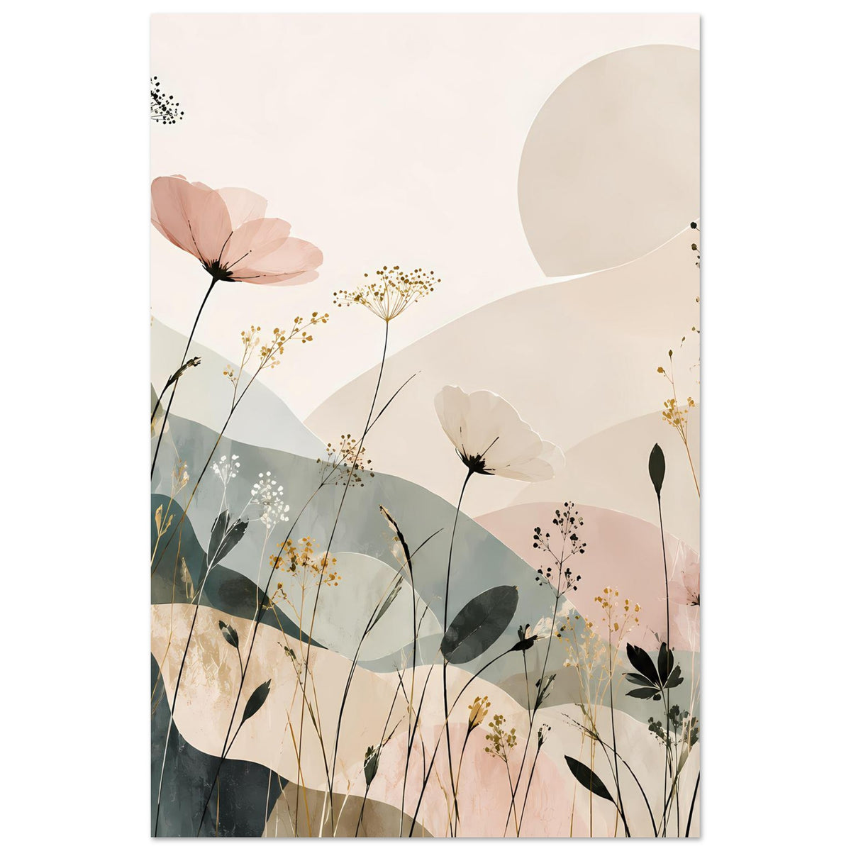 Abstraktes Blumenposter mit Pastellblüten, zarten Halmen und Flächen, vertikal