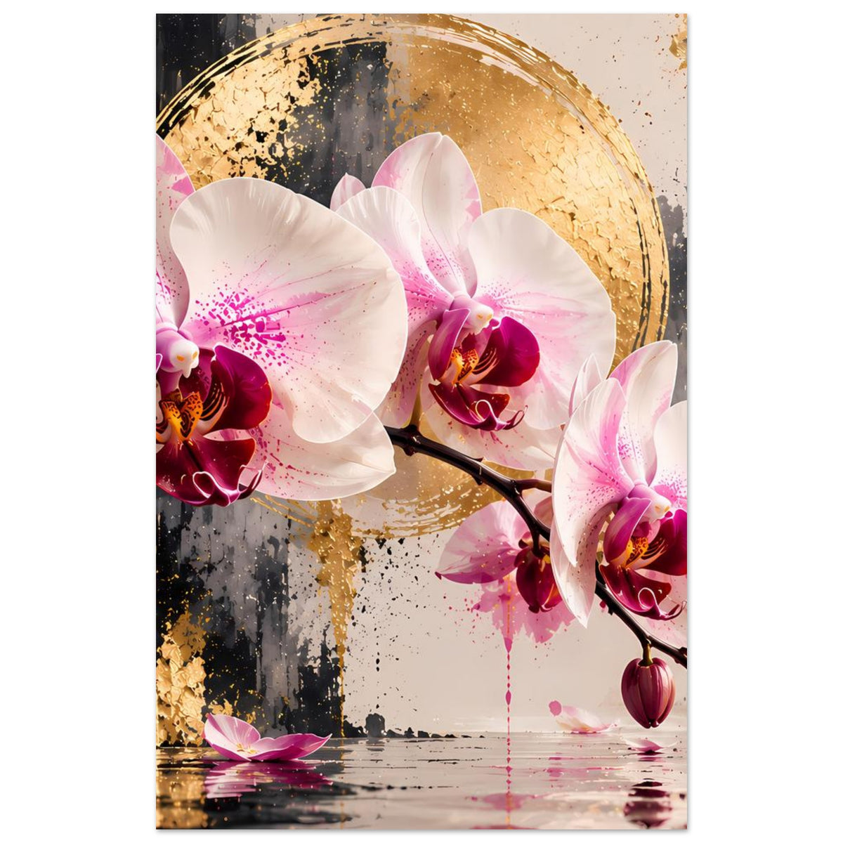 Orchideen-Poster im Hochformat: einzelne Orchideenblüte im Fokus, goldener Hintergrundkreis