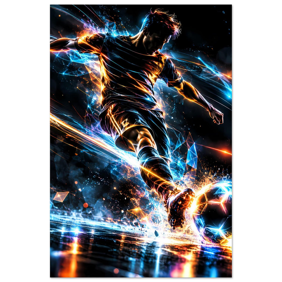 Neon-Fußball-Actionposter mit Fußballer und leuchtendem Ball, dynamische Lichtspuren, Hochformat