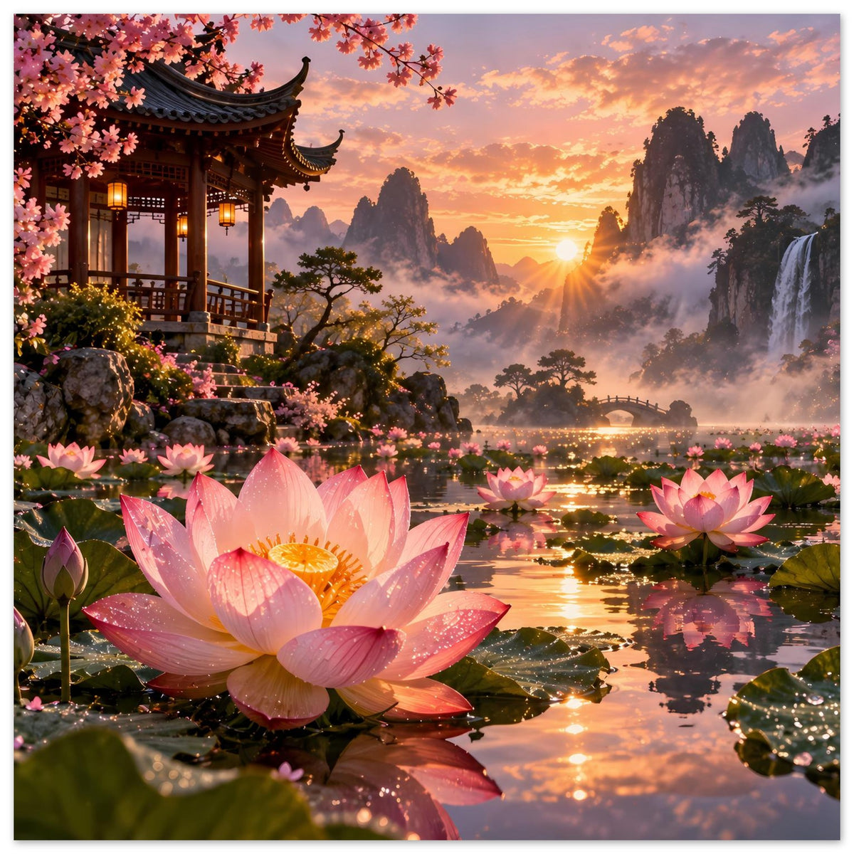 Poster mit rosa Lotusblüten, Tempel und Berglandschaft im Sonnenuntergang