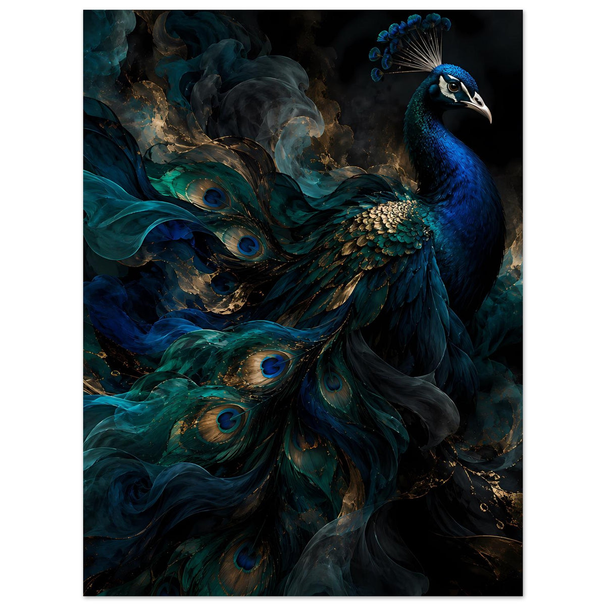 Kunstposter mit Pfau, vertikale Darstellung, Blau- und Grüntöne mit goldenen Punkten