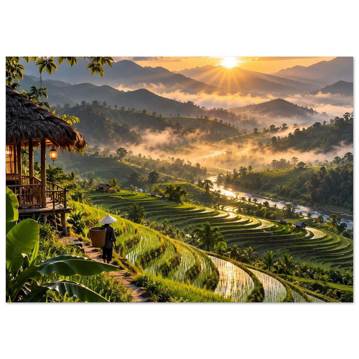 Naturposter mit Sonnenaufgang über Reisterrassen, Aussicht ins Nebeltal und Sonnenstrahlen