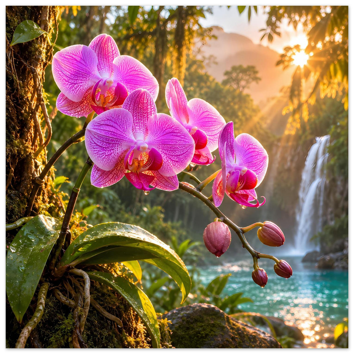 Naturposter mit pinken Orchideenblüten am Zweig, umrahmt von Blättern und Wasserfall