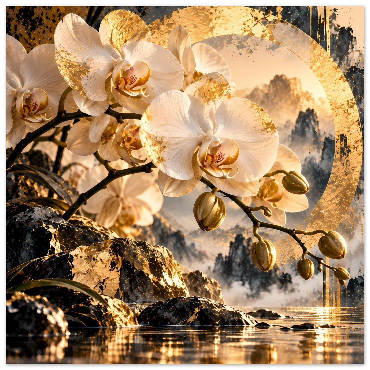 Orchideen-Blumenposter: weiße Blüten, goldene Details, dunkle Zweige und Spiegelung am Wasser