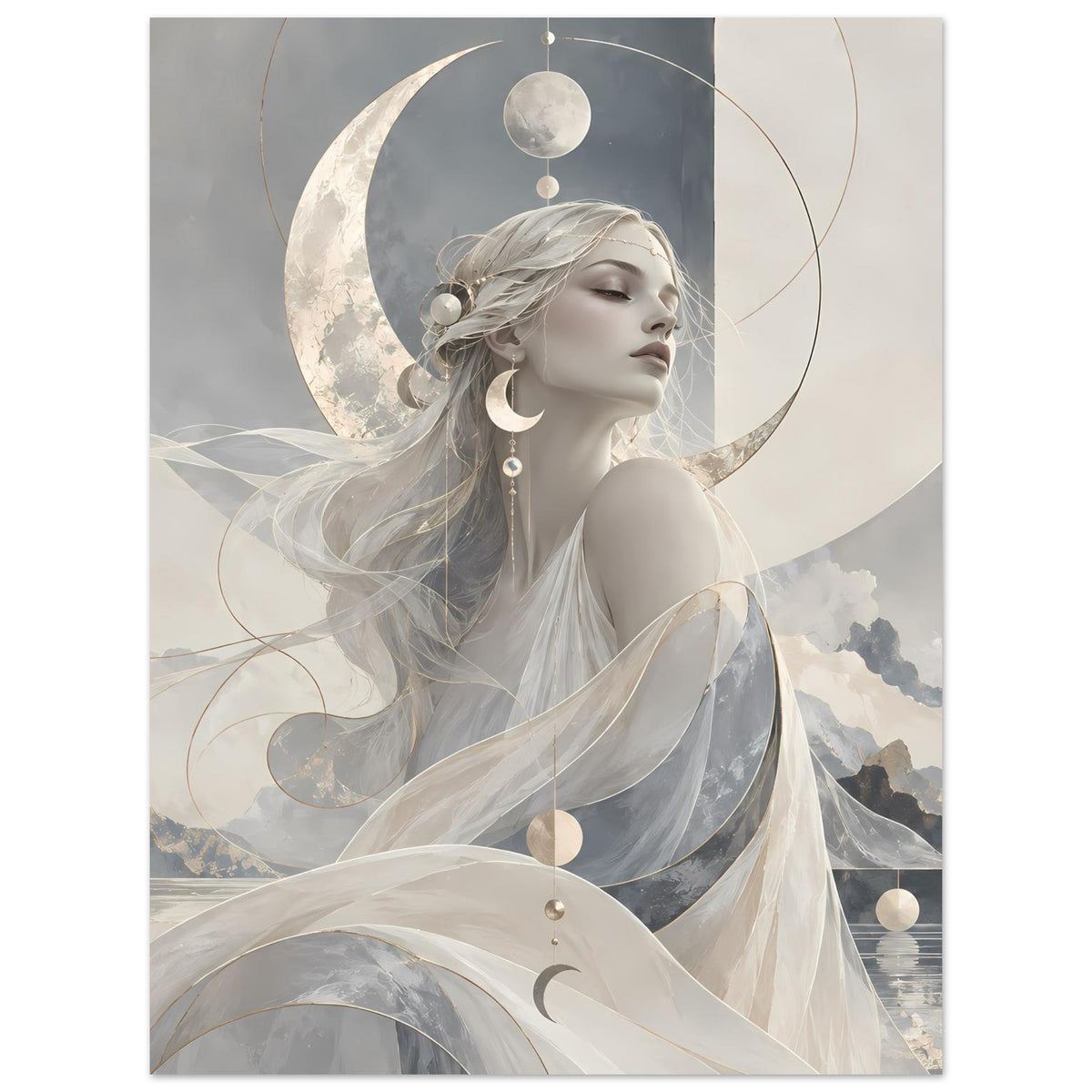 Poster mit Mondgöttin: Portraitansicht, große Mondsichel, spiralförmige Linien und schwebender Schleier