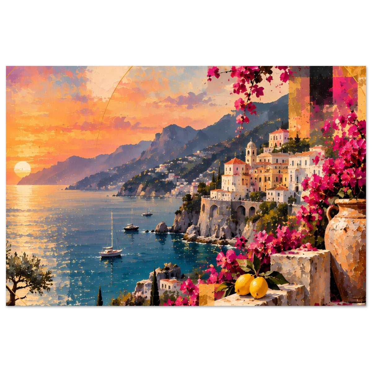 Kunstposter mit Küste, Booten im Wasser, Bougainvillea in Pink und weißen Häusern entlang der Felsen