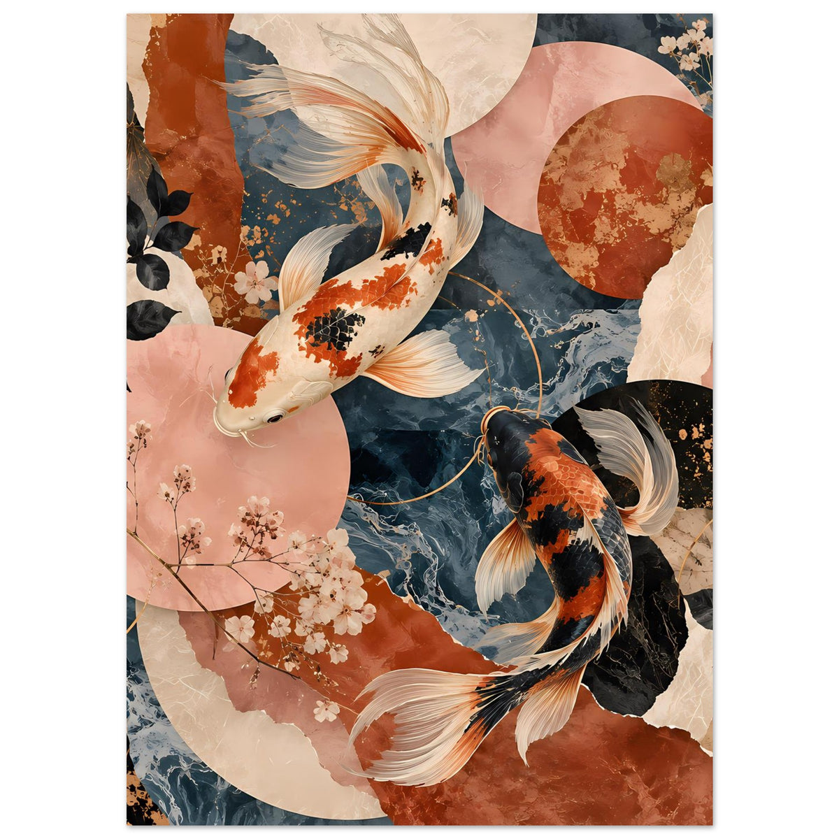 Poster mit Koi-Fischpaar: weiß-orange und schwarz, dazu Kreise, Wellenlinien und Blüten