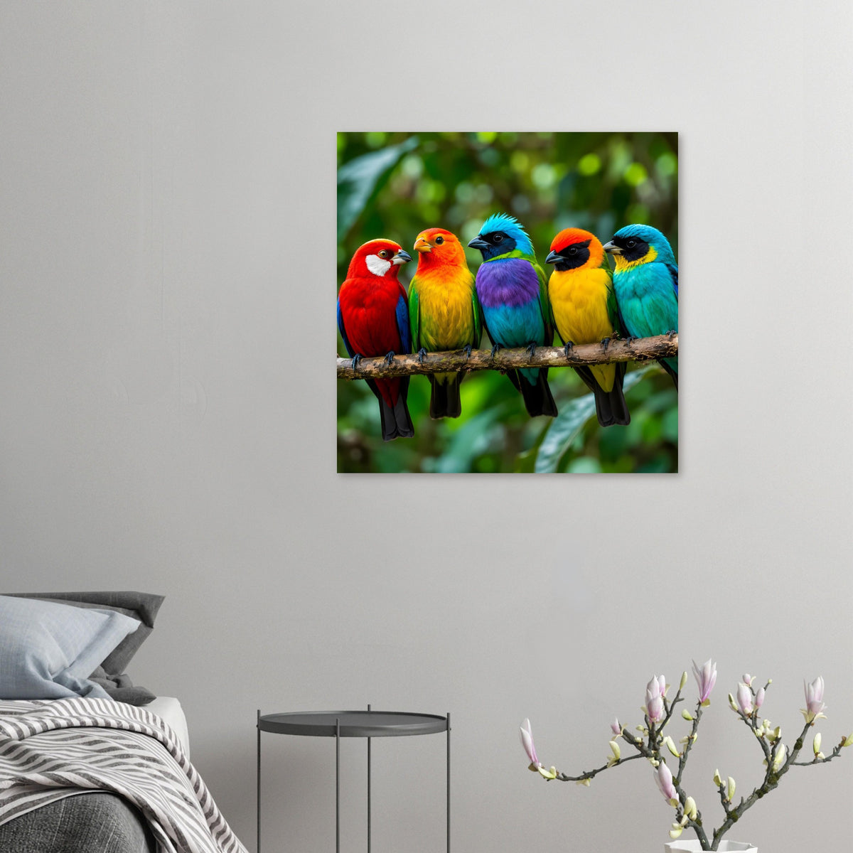 Kleines Poster mit bunten tropischen Vögeln auf einem Ast, fünf Vögel zentral