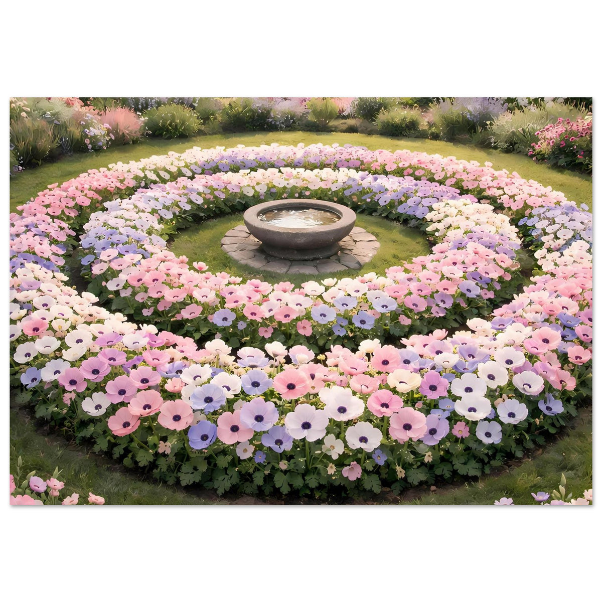Horizontales Poster mit Rundblumenbeet, Steinschale im Zentrum, rosa, lila und weiße Blüten