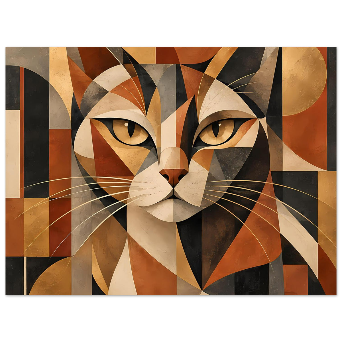 Horizontales Katzenporträt-Poster in warmen Erdtönen, geometrische Flächen und Schnurrhaare