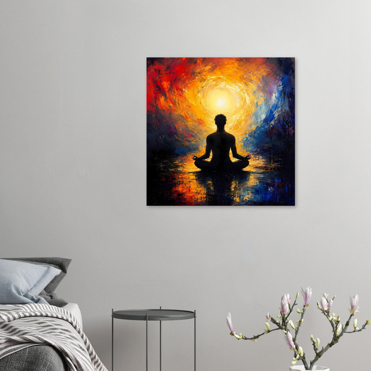 Kleines Zen-Poster im Quadratformat: Meditationsfigur mit golden leuchtender Aura